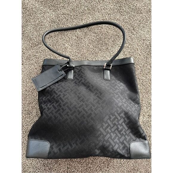 Talbots Womens Black Monogram Leather Canvas Purse Handbag Tote Shoulder Bag - Picture 2 of 8